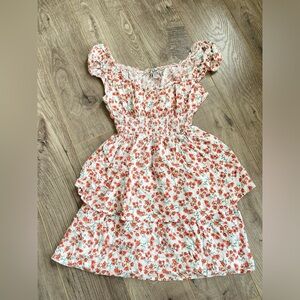 3/$30 off shoulder ditsy smocked white with red floral capped sleeve mini dress